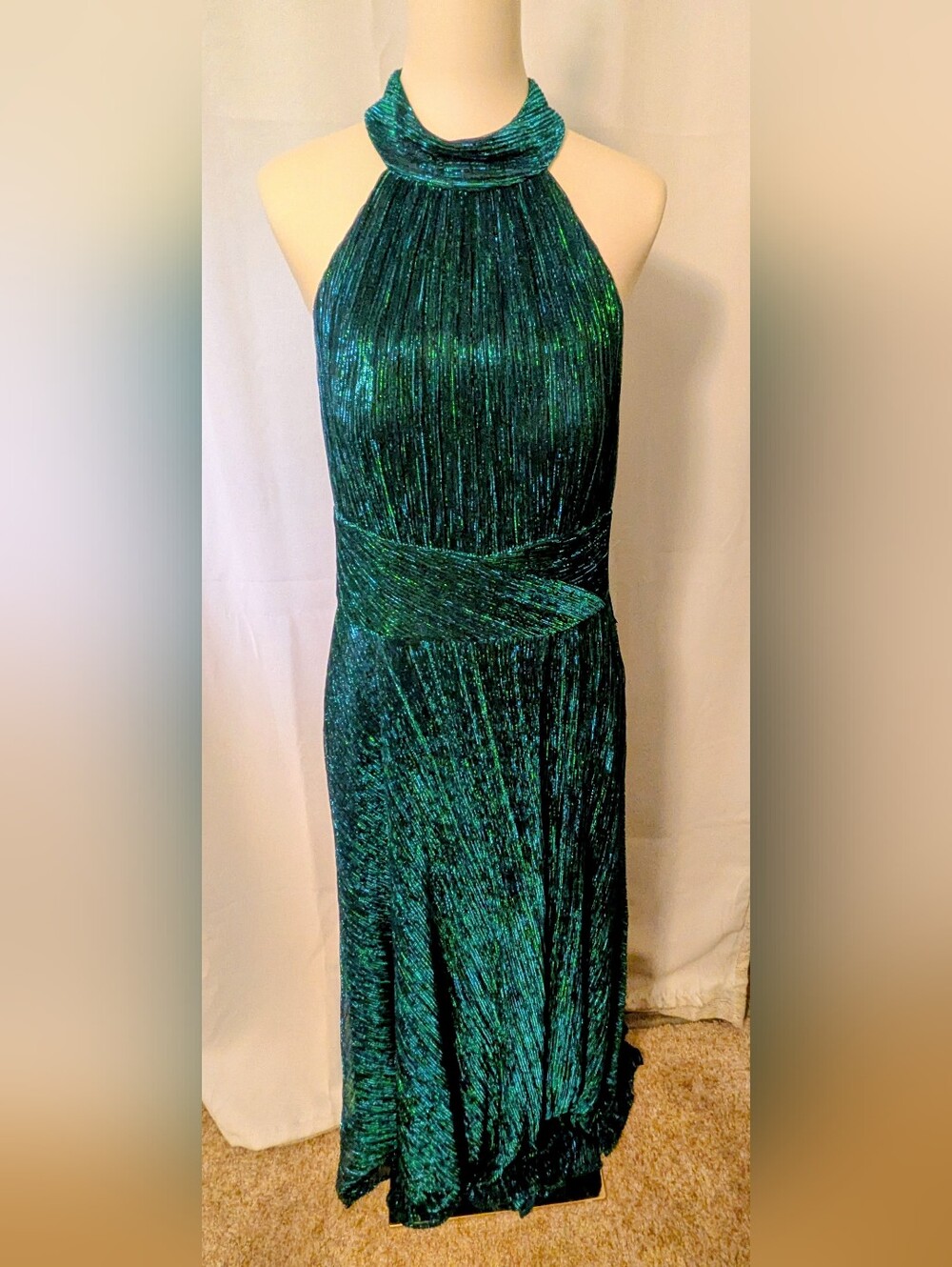 Betsy & Adam Shimmery Teal Halter Evening Gown